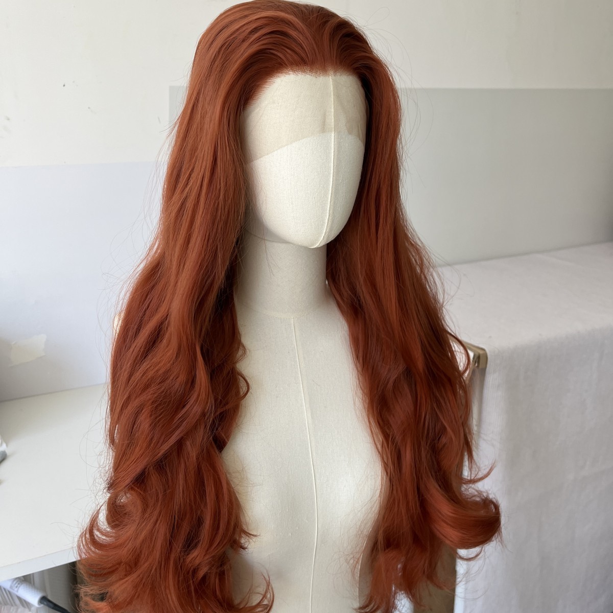 Glue Less Lace Front Wig Copper Red Synthetic Hair Heat Resistant Long Wavy