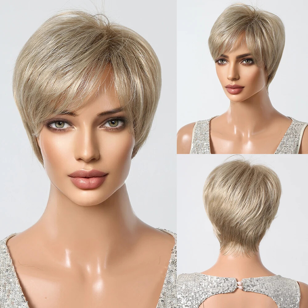 Dark Brown Mixed Copper Highlight Wigs With Bangs Short Pixie Cut Synthetic Wig