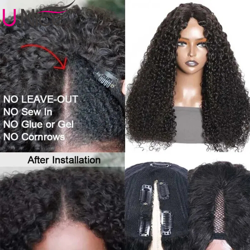 UNice Cambodian Kinky Curly V Part Lace Wigs Human Hair for Black Women Glueless
