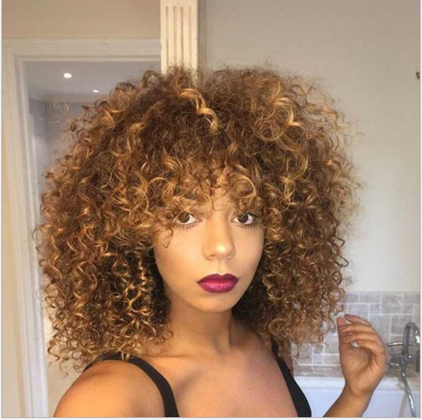 Women Ombre Blonde Short Curly Afro Wigs With Bangs Kinky Curly Wig Synthetic