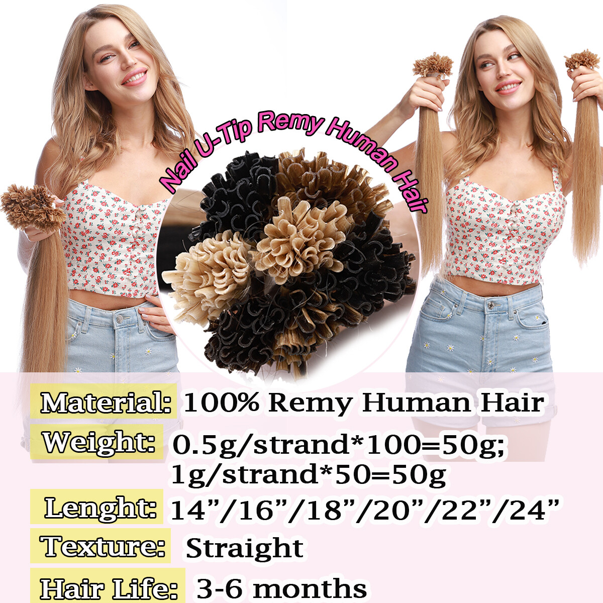 100% Real Keratin Pre Bonded Nail U Tip Remy Human Hair Extensions 14″-24″ THICK