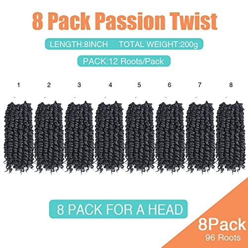 Short Passion Twist Hair 8 Inch, 8 Packs Pre-twisted 8 Inch (Pack of 8) 1B#