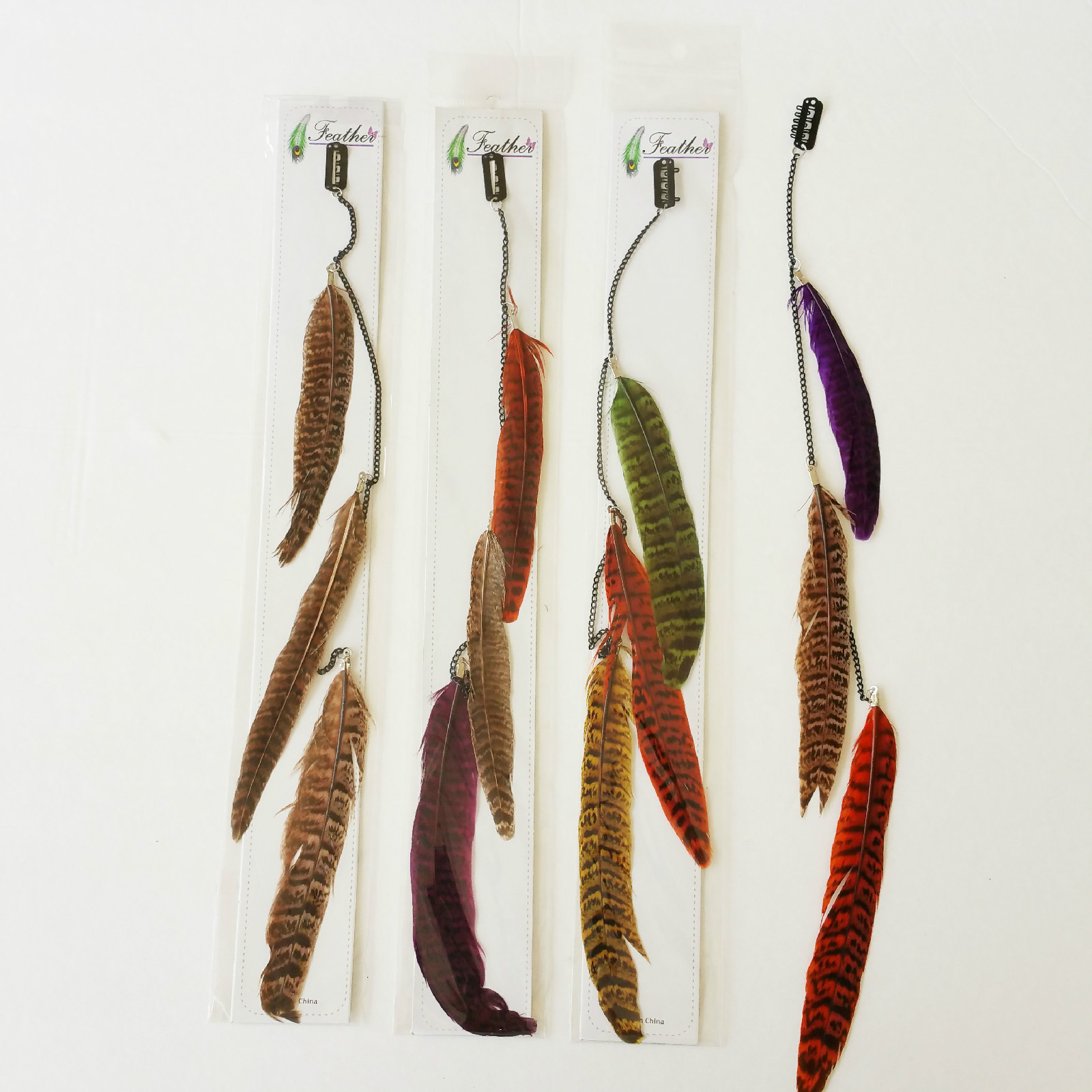 4 pcs Real Long Feather & Chain Hair Extension w/Clip On Comb Assorted