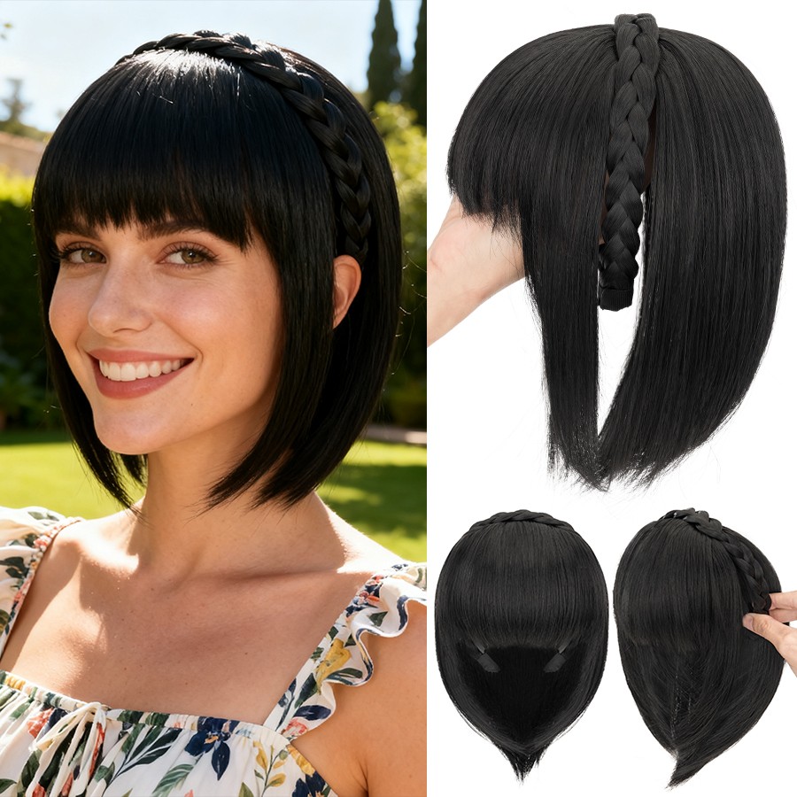 Braided Headband Topper Hairpiece Clip In Fringe Bang Hair Extension with Temple