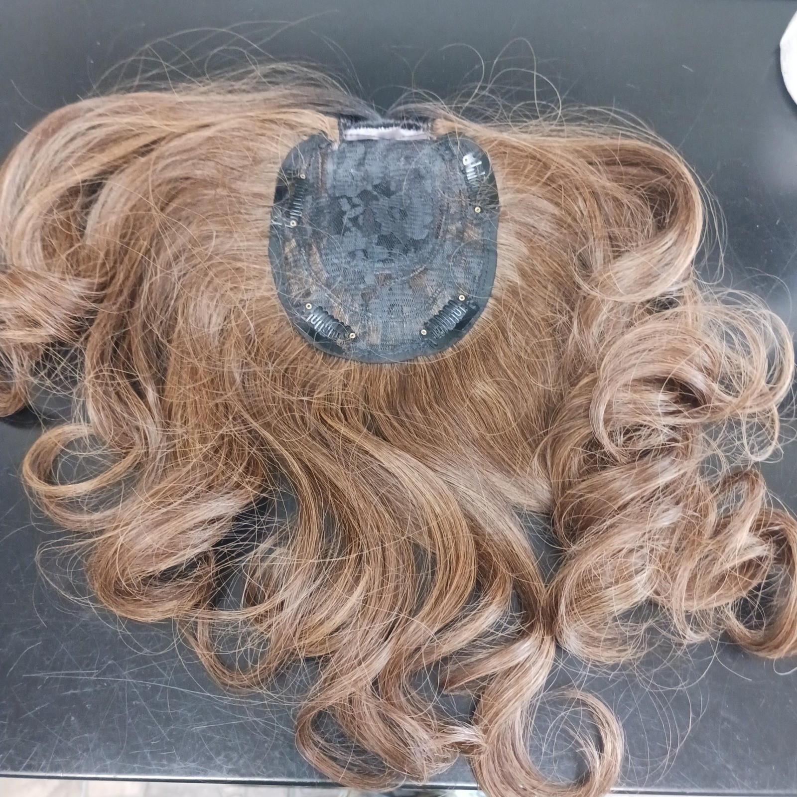 Hair Topper Golden Brown Dark Roots Clip-In center part Wavy Synthetic Hairpiece