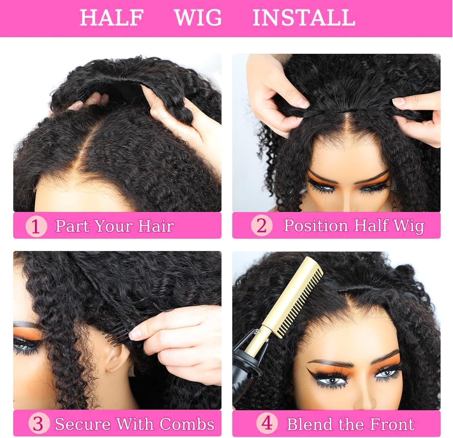 Half Wig Human Hair Kinky Curly 3 In 1 Seamless Flip Over Glueless WigHuman Hair