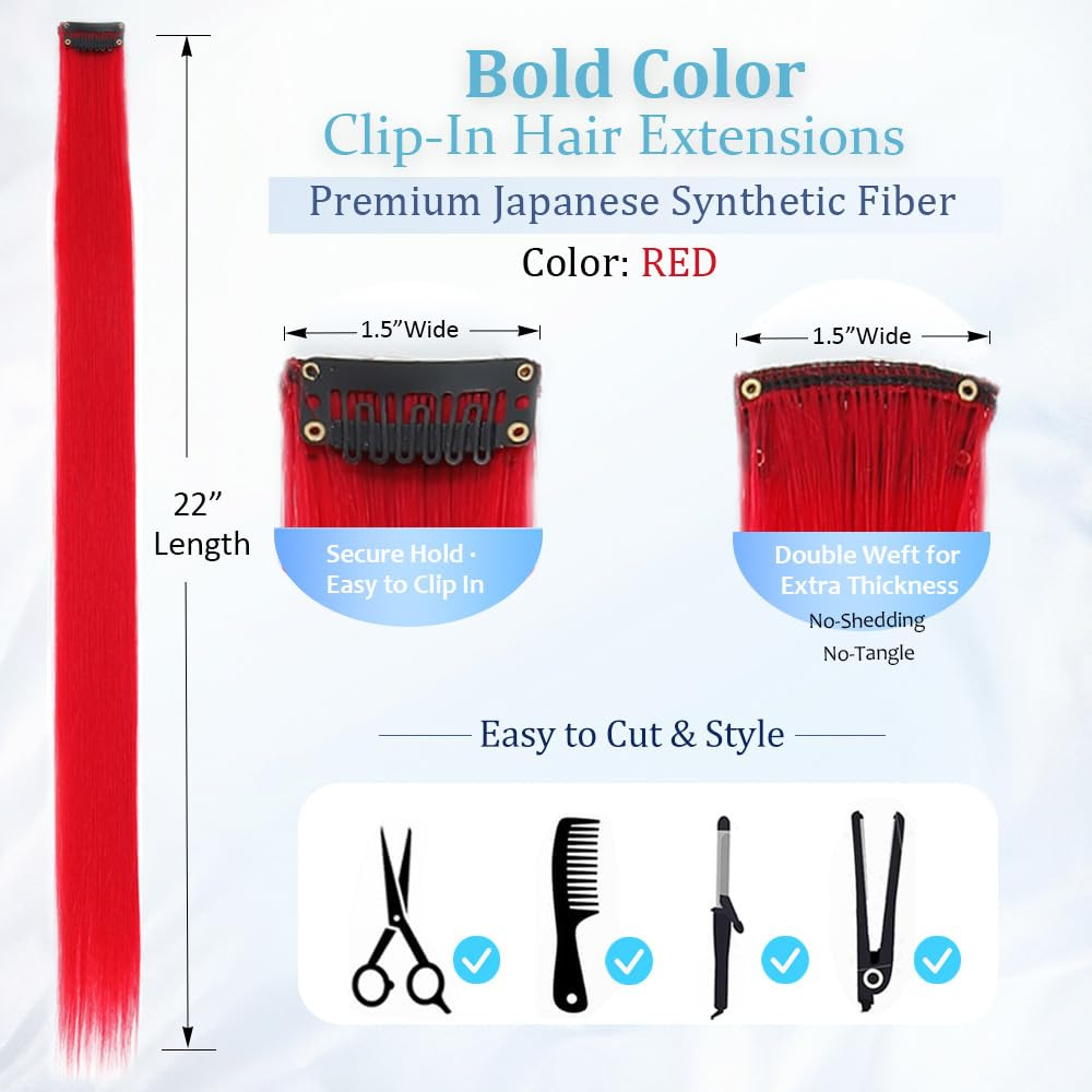 12PCS Red Clip in Hair Extensions 22 Inch Long Straight Heat Resistant