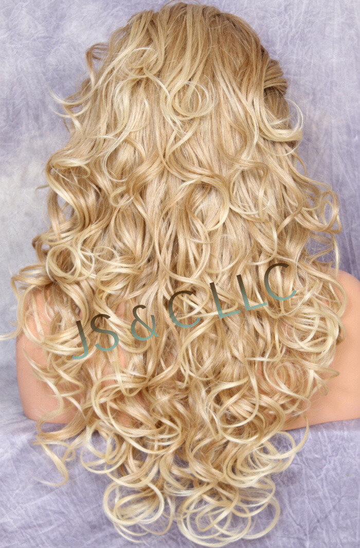 Full Heat OK Curly Long Human Hair Blend Wig Blonde mix Bangs 27-613 NWT WBSO