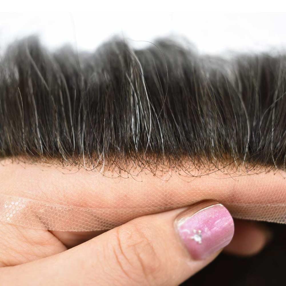 Mens Toupee Human Hair Replacement System French Lace Front Poly Skin Hairpiece