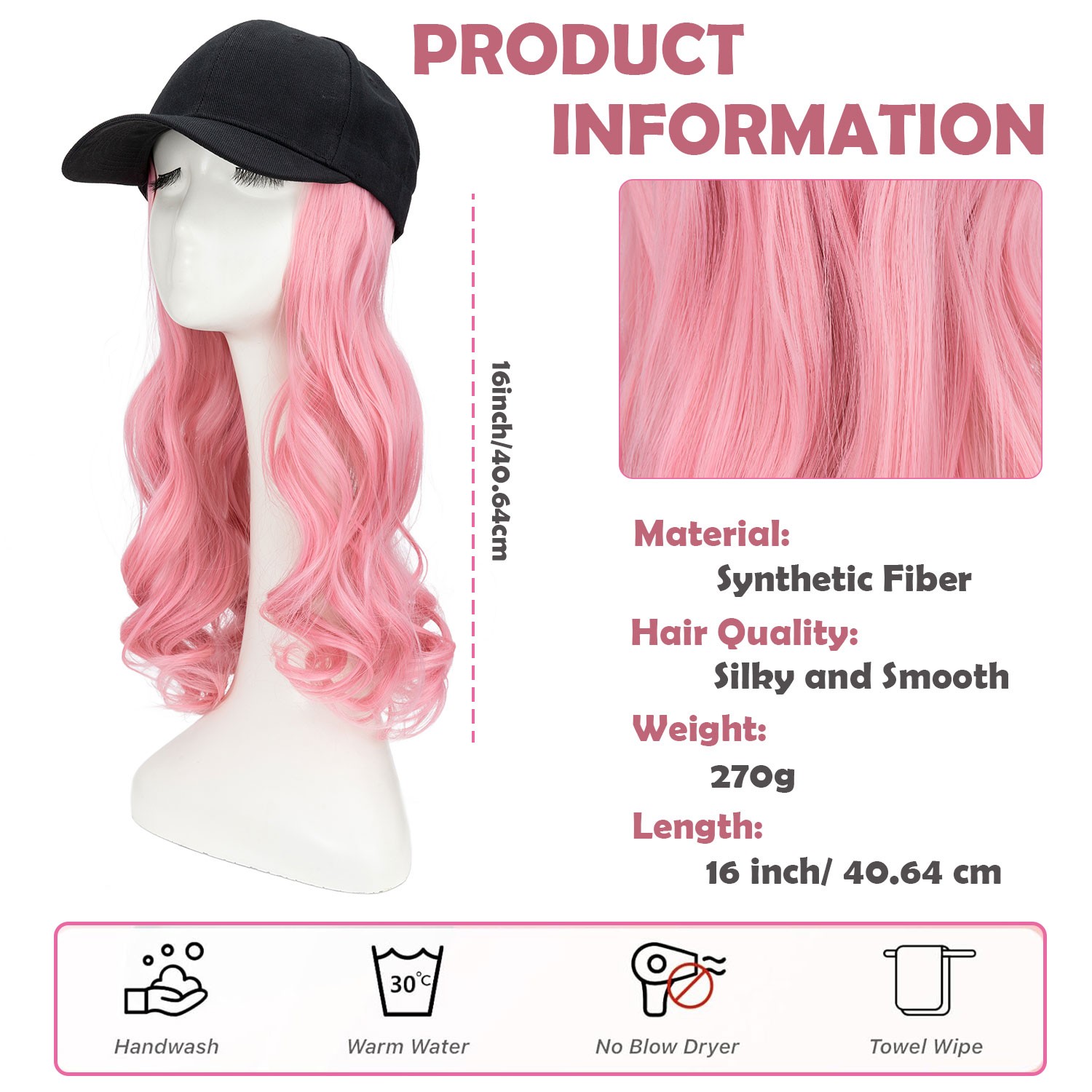 Instant Style 16″ Body Wave Cap Wig Adjustable Baseball Hat with Attached Hair M