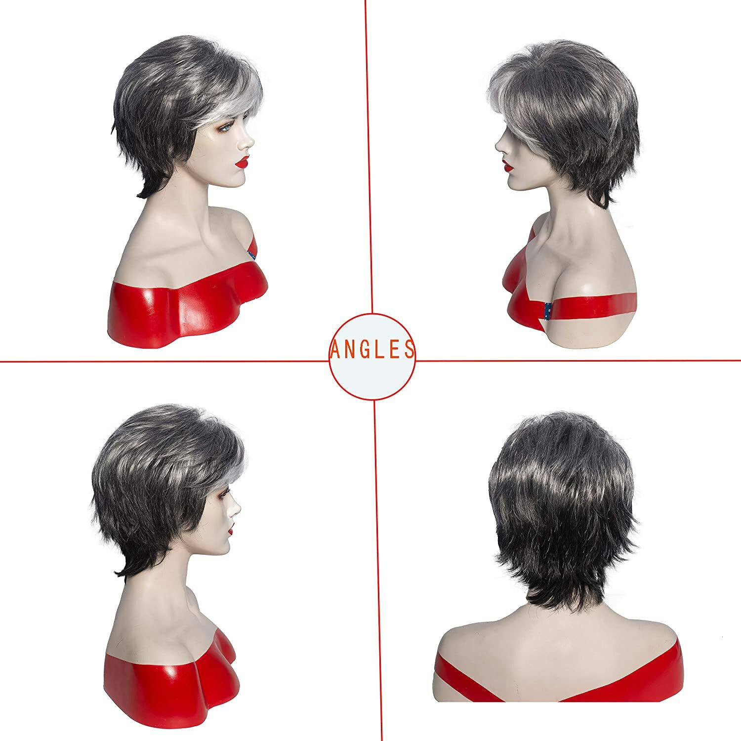Women Short Gray White Hair With Black Mixed Wig with Bangs MoM Wig Synthetic US