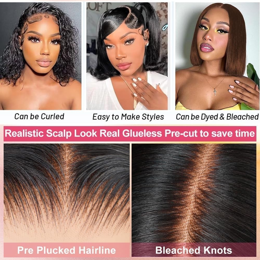 Wear and Go Glueless Bob StraightWig Human Hair Pre Plucked Pre Cut 4×4 Lace Wig