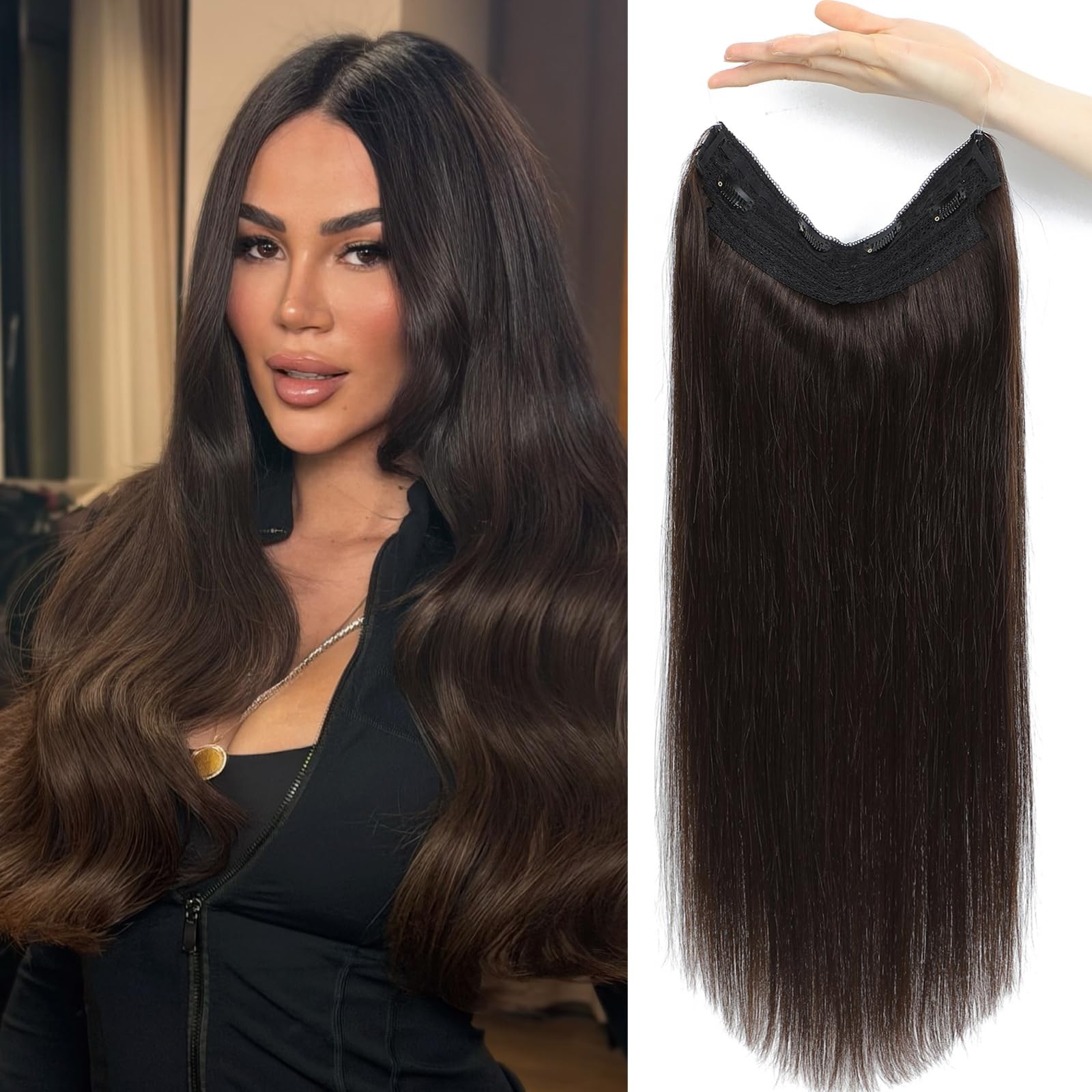 Dark Brown Invisible Wire Hair Extensions Real Human Hair, Halo Real Human Hair