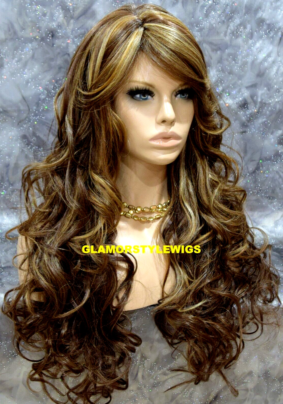 FULL WIG LONG WAVY LAYERED SKIN SIDE PART GOLDEN BROWN MIX HEAT OK #8.27.613 NWT