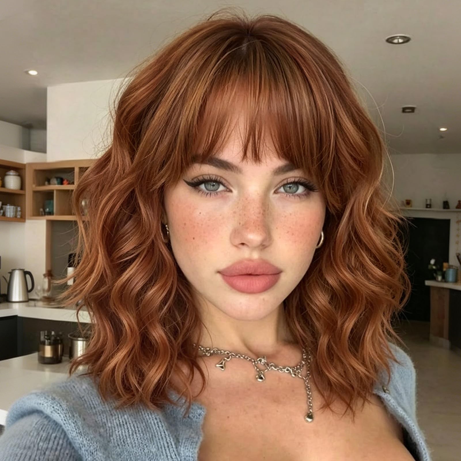 14inch Short Wavy Curly Bob Wig with Bangs Synthetic Hair for Women Black Brown
