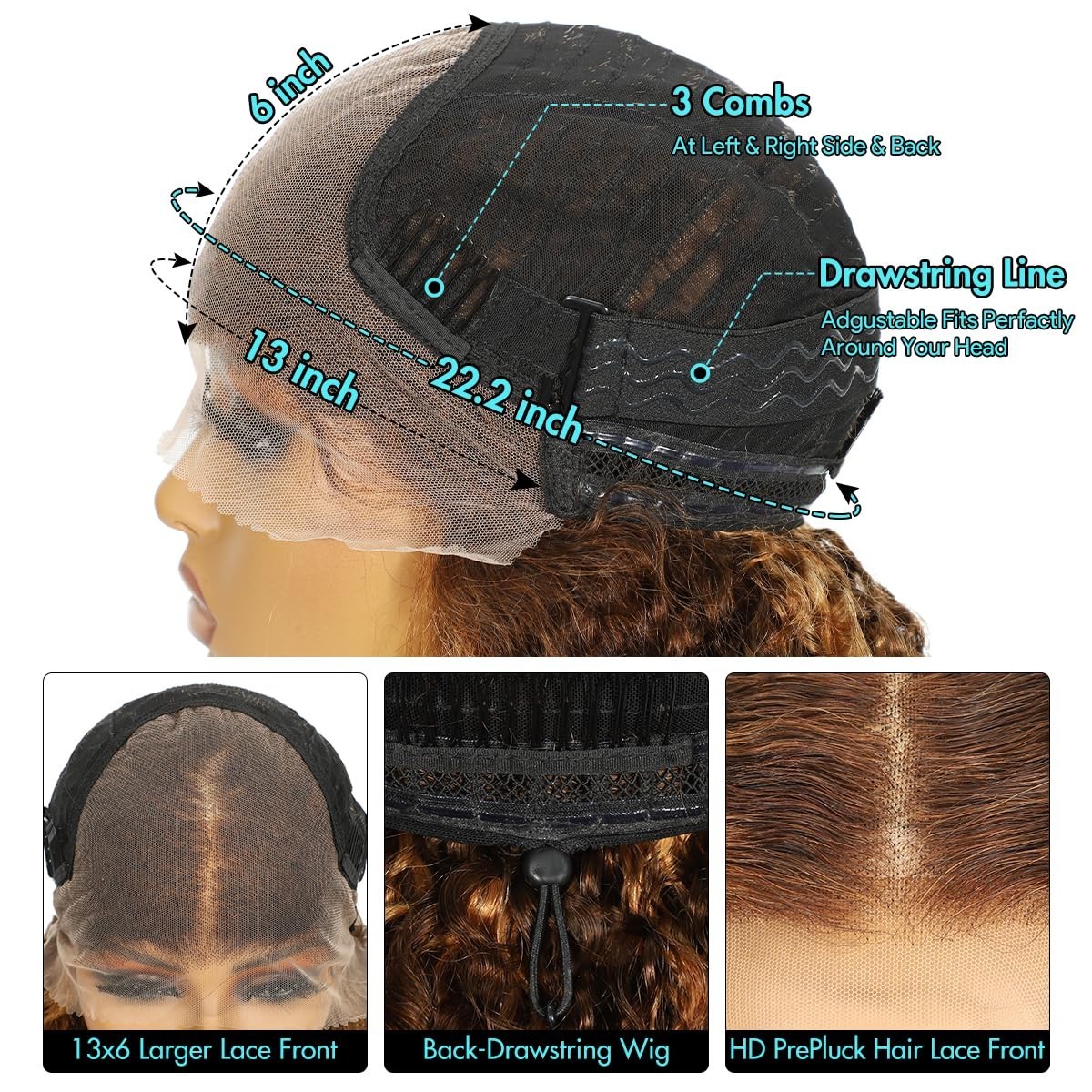Honey Blonde Curly Drawstring Wig 22″ Human Hair 250 Density 13×6 Lace Front Omb