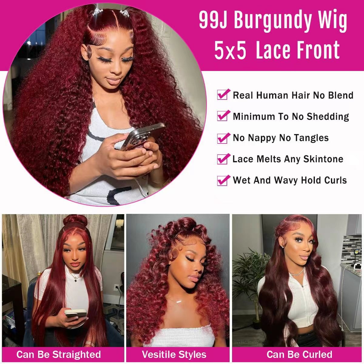200% Density Brazilian Virgin 5×5 Water Wave Burgundy 99J Human Hair for Women