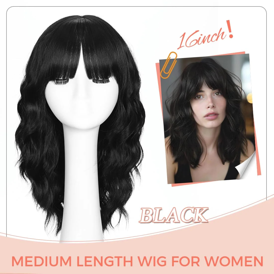 Black Wigs for Women 16 Inch Charming Wig with Bangs for Women Shoulder Length N