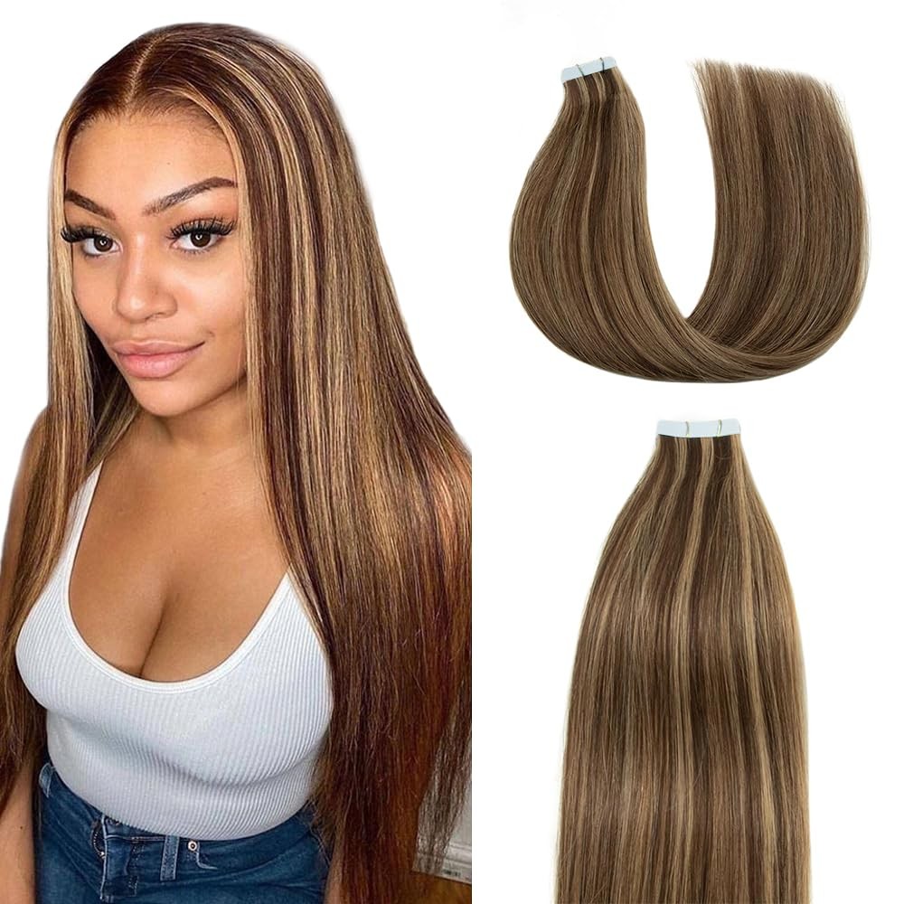 Meaqiiey P4/27 Highlight Blonde Tape In Extensions Human Hair 16 Inch Brown