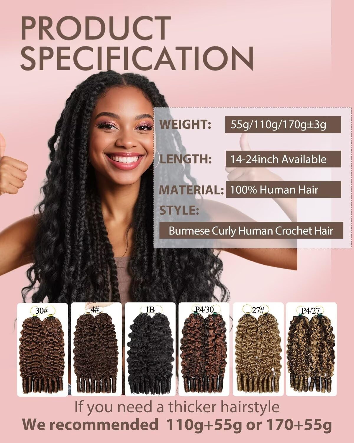 18″ Human Crochet Hair Extensions for Black Women, 55g 40 Strands, Soft Curly Te