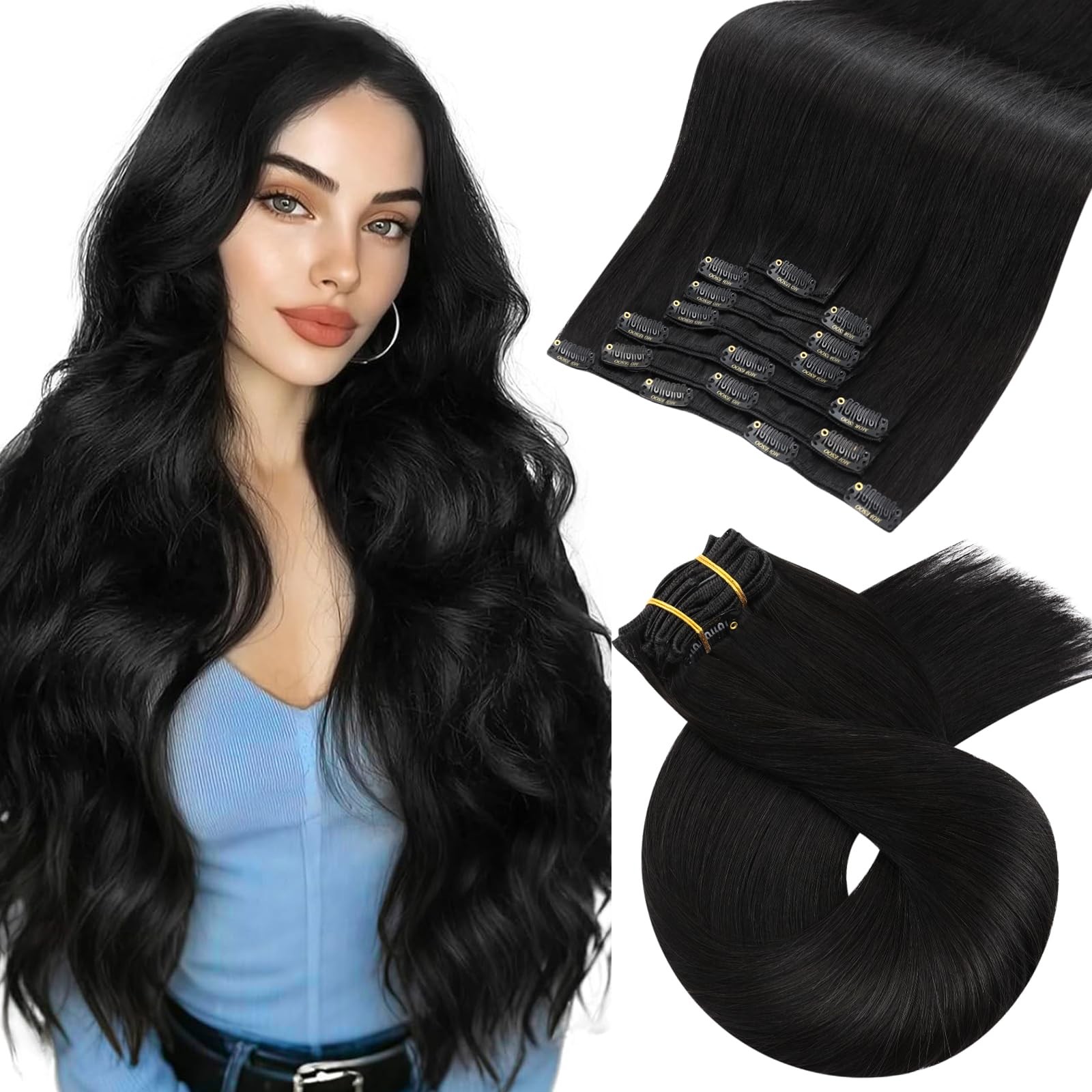 Clip in Hair Extensions 24 Inch Black Remy 120g 7pcs – Natural Volume & Length