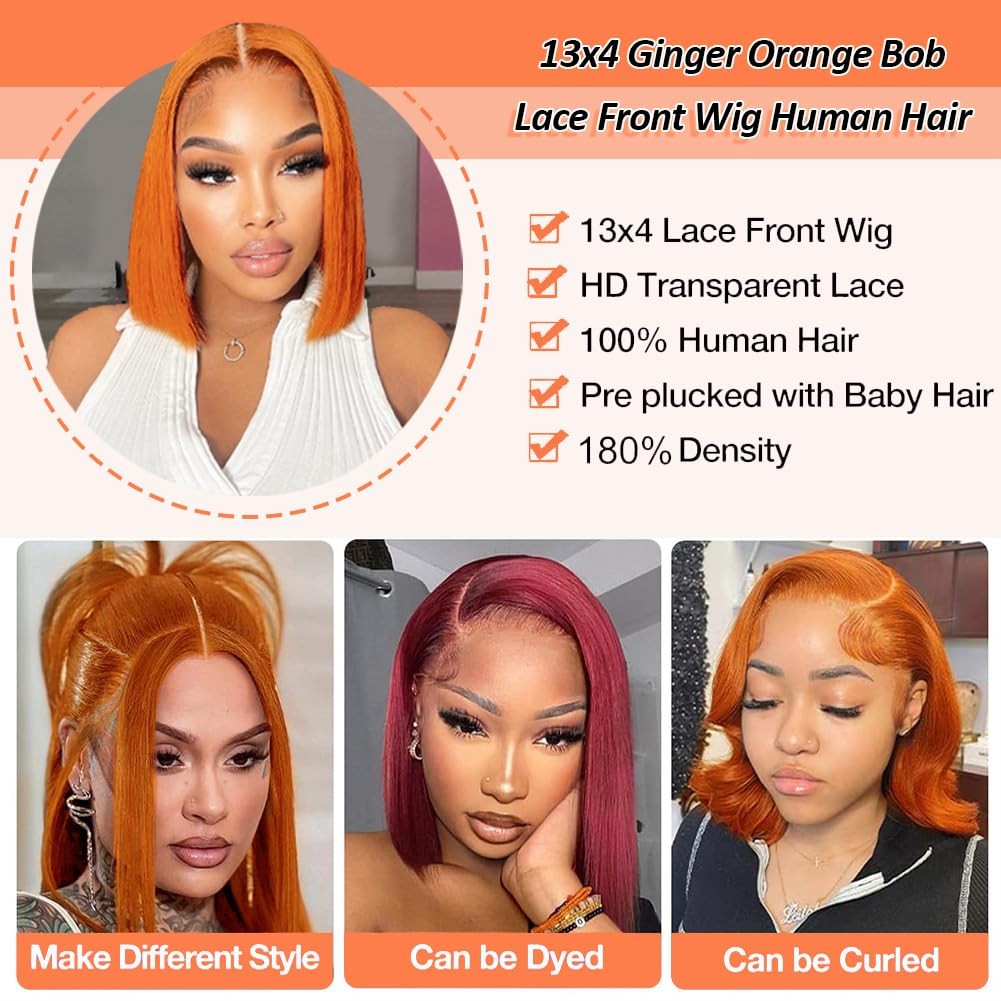 Fjsuprise 16 Inch Ginger Orange Bob Wig Human Hair 13X4 Hd Transparent Lace