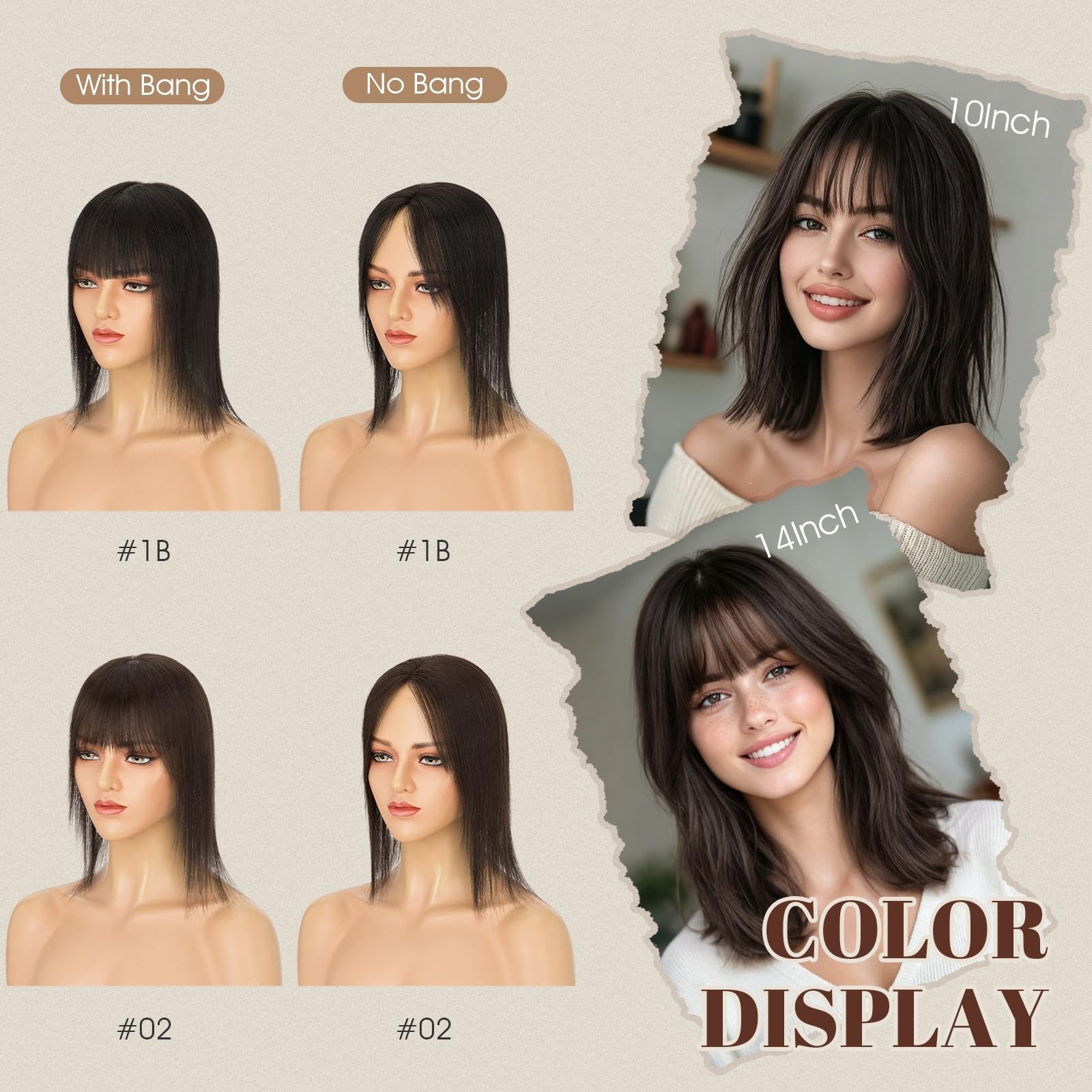 360° 3D Human Hair Topper – Ultra Thin Clip-In Bangs for Thinning Gray Hair, 12″