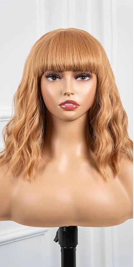 Honey Blonde Wavy Bob Wig with Bangs 12” Soft Glam Full Ready to Wear Synthetic