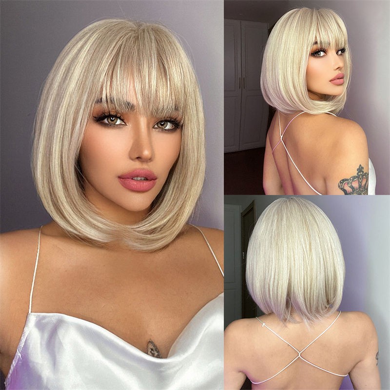 Women Fashion Short Hair Wig Pink Bobo Full Head Cover Straight Bangs Gradient