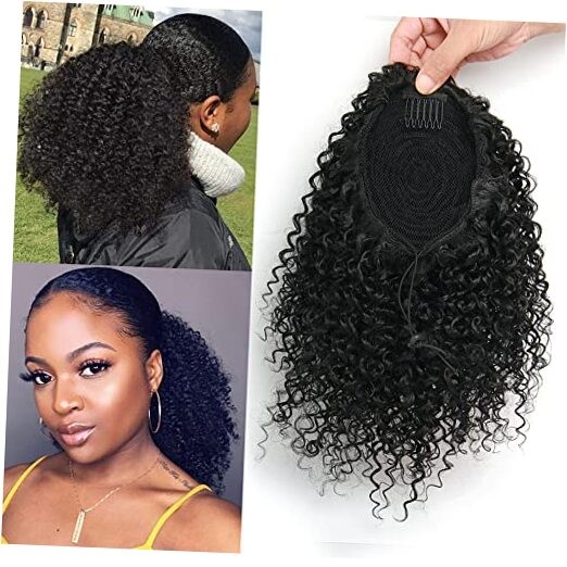 Short Afro Kinky Curly Ponytail Hair Piece for African American Black(1B)