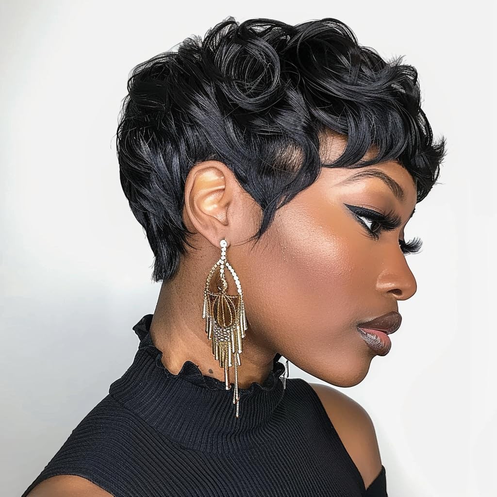 Natural Black Pixie Cut Wig for Black Women – Short Hair Wig with Bangs