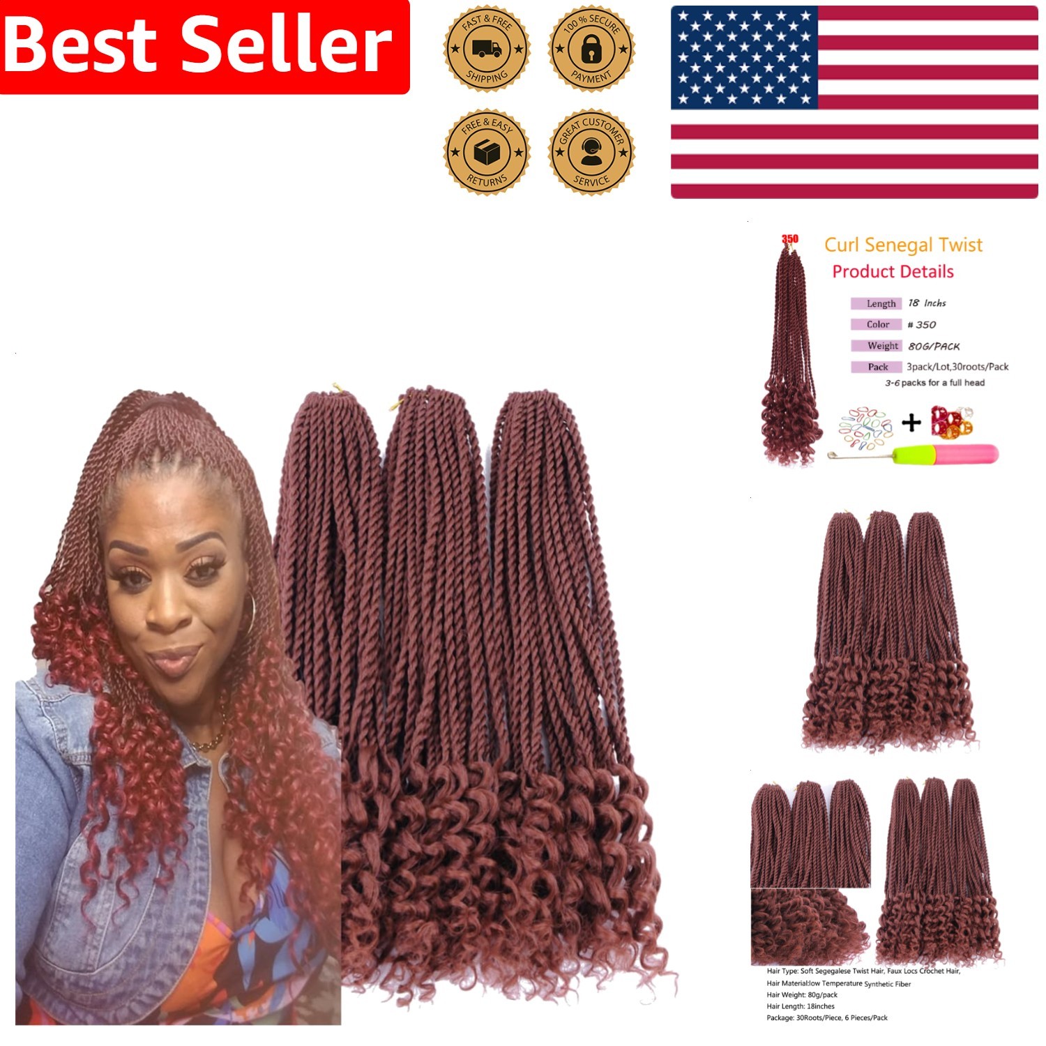 18 Inch Curly Senegalese Twist Crochet Hair Synthetic Goddess Braids 3 Pack