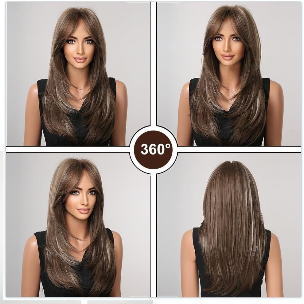 Women Long Straight Mixed Brown blonde Cosplay Wig With Fringe Synthetic Hair