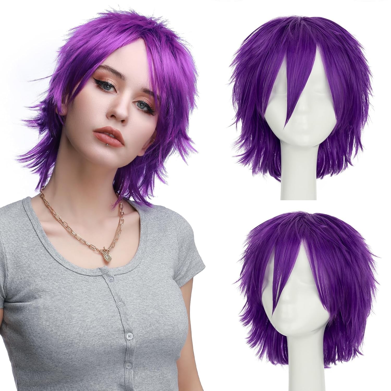 Unisex Short Green Wig Women Men’s Short Layered Fluffy Spiky Wigs with Bangs