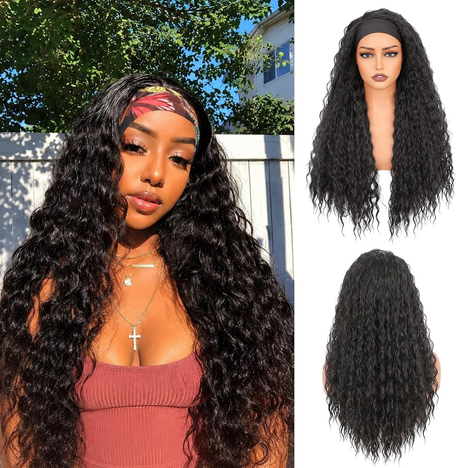 Curly Headband Wig for Women, Long Curly Deep Wave Glueless Wig 26 Inches Long