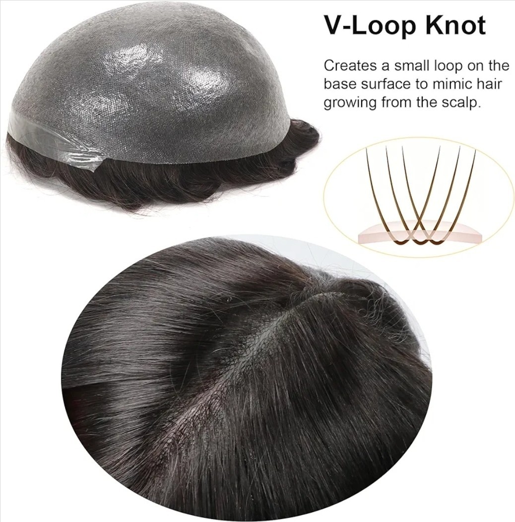 Mens Toupee 0.03mm Ultra Thin PU Skin Real Human Hair Replacement V-loop 8×10 1B