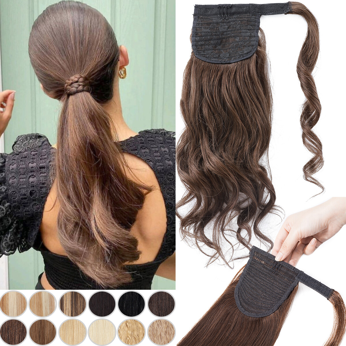 Wrap Around Ponytail Clip in 100% Remy Human Hair Extensions Body Wave Hairpiece