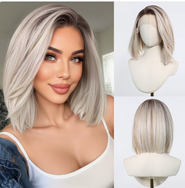 Medium Bob Rooted Pale Blonde Mix Mono Lace Front Cap Synthetic Hair Wigs Women