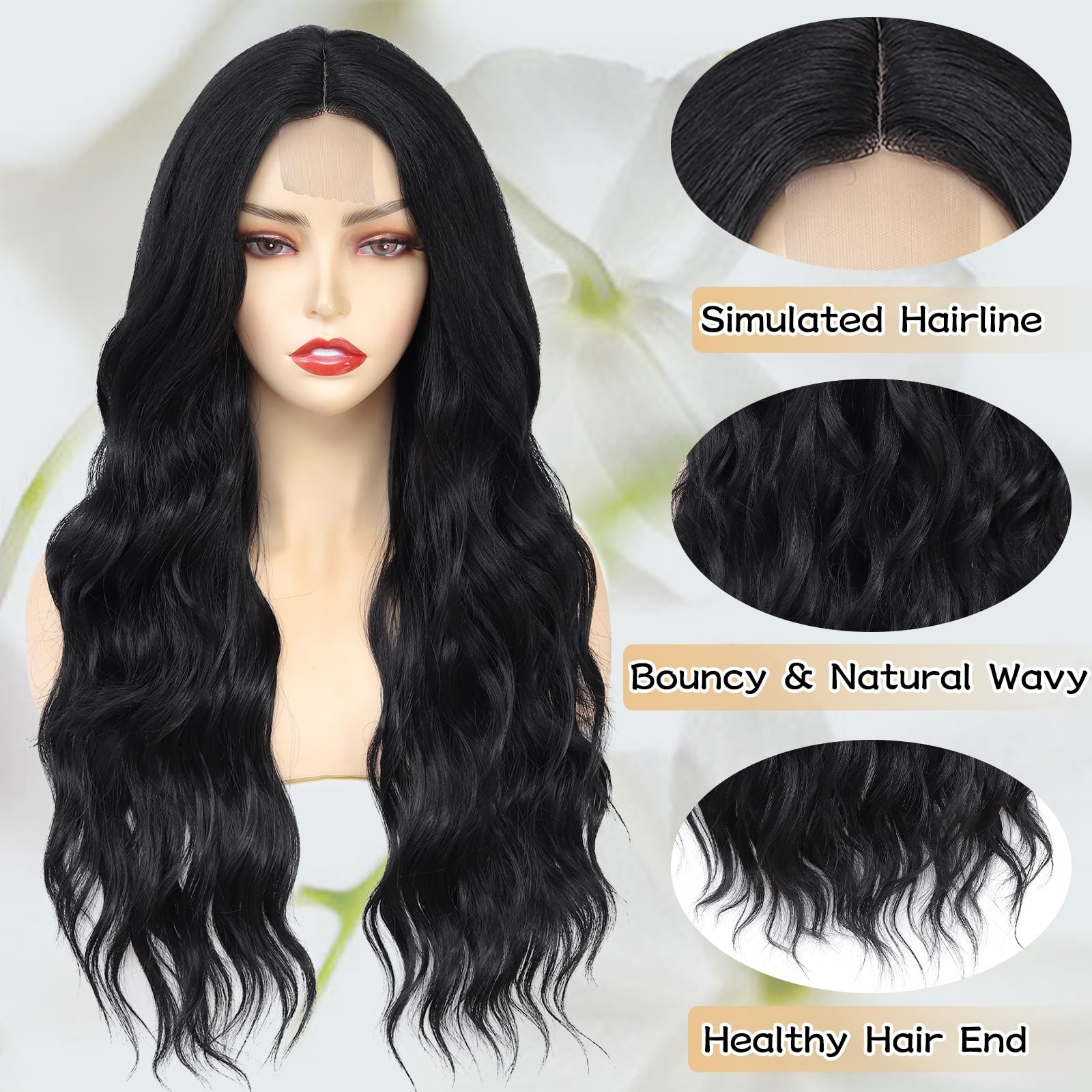 Long Wavy Wigs for Women Nature Black Middle Part Wig Synthetic Heat Resistan…