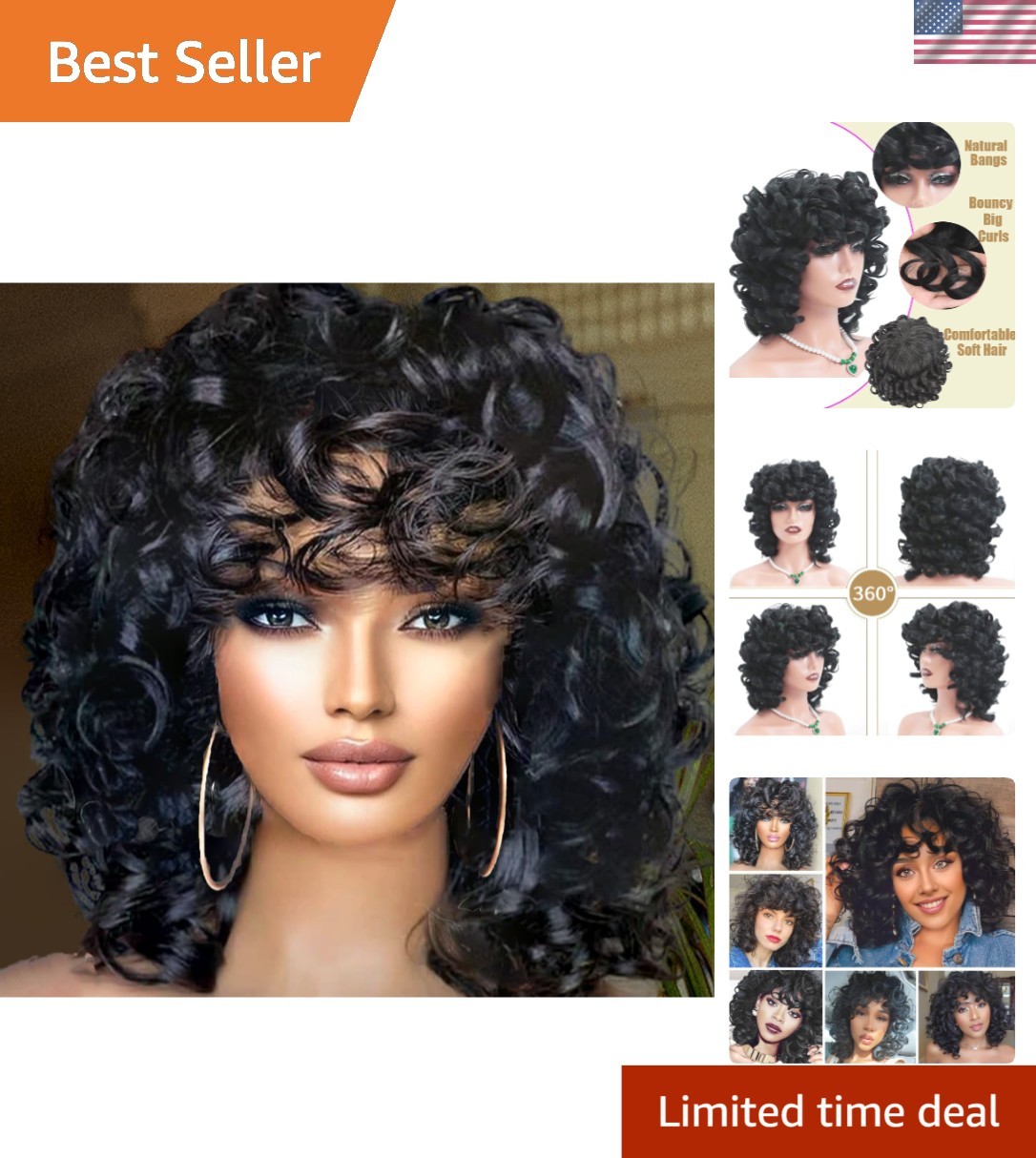 Short Curly Wigs for Black Women Afro Big Curly Wig with Bangs Black Soft Bou…