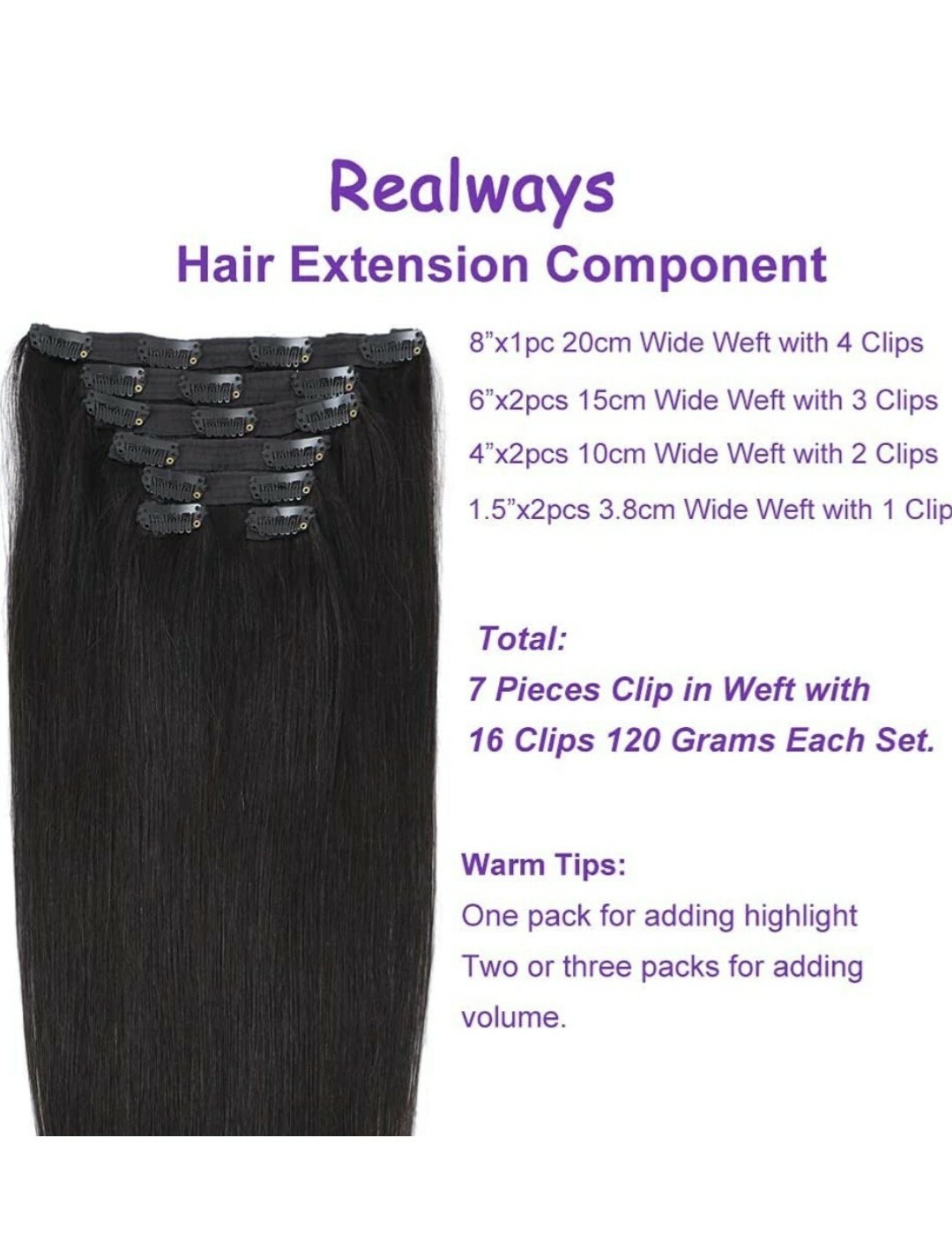 #1B Natural Black Clip in Hair Extensions Real Human Hair, 16 Inch 120g