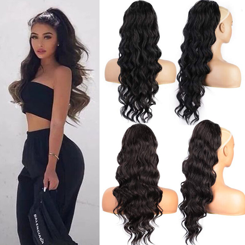 Synthetic Long Drawstring Clip in Ponytail Hair Extensions Natural Curly Wavy US