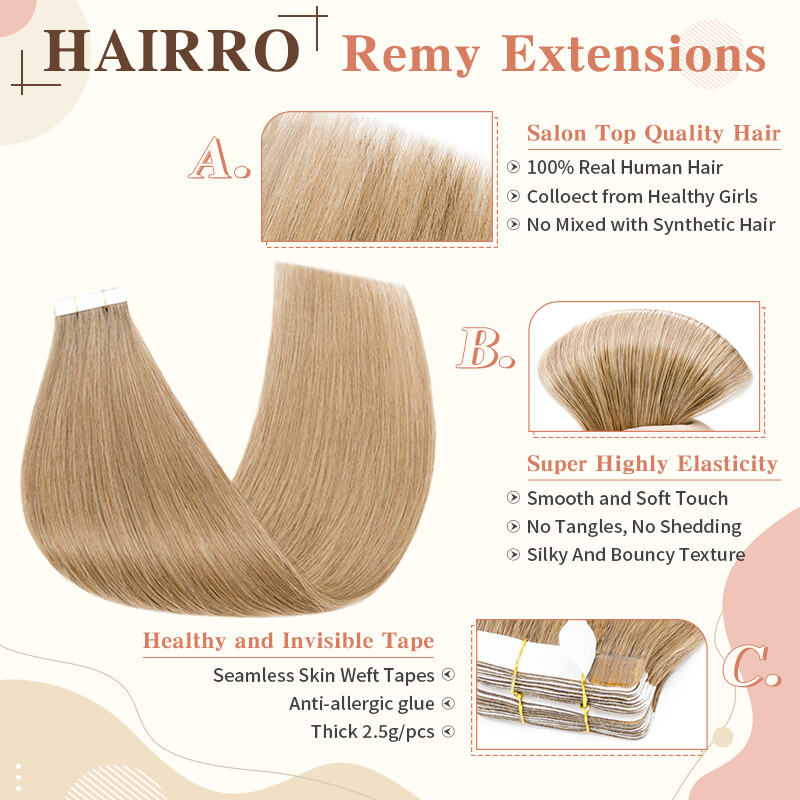 8A Tape In Extensions, 100% Real Remy Soft Human Hair Hairpiece Skin Weft 18Inch