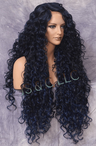 Human Hair Blend Full Lace Front wig Long Curly Blue Black Mix Heat OK DOM