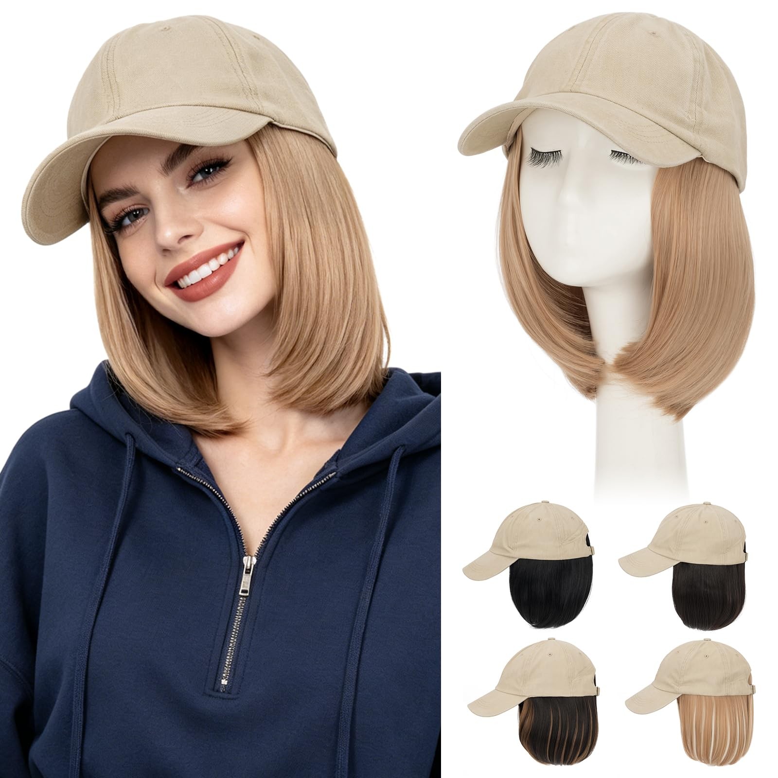 Hairro Hat Wigs For Women Baseball Hat Hair Attached Beige Cap Dark Blonde Hair