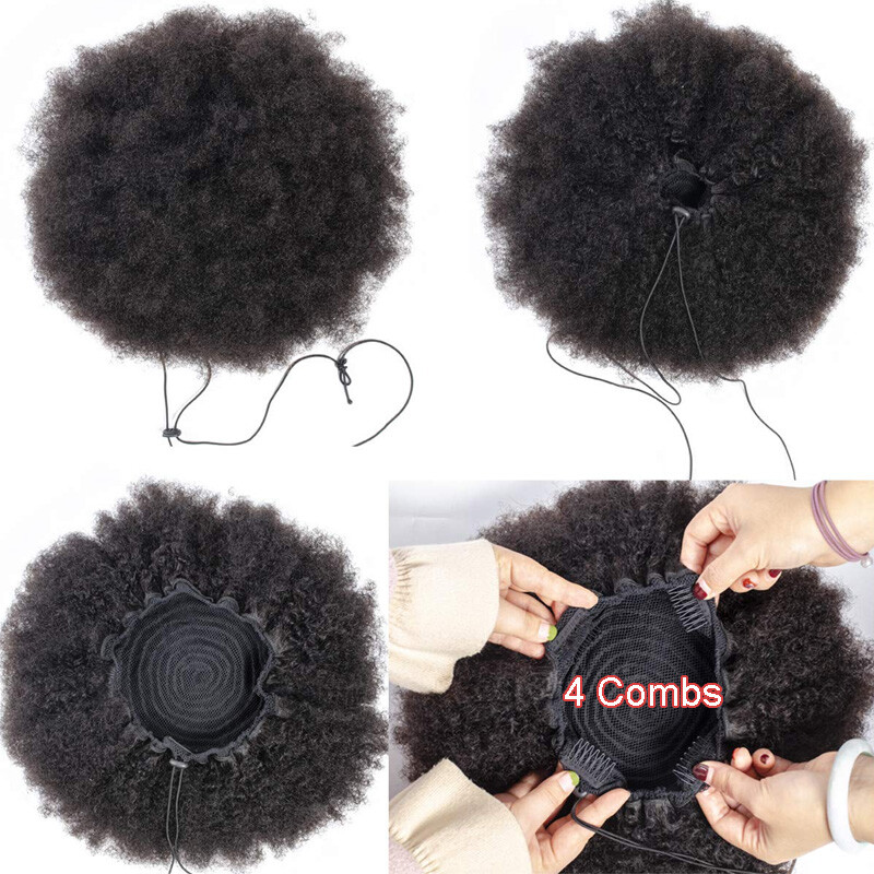 Extra Large Afro Kinky Curly Puff Bun Clip in Human Hair Extensions Ponytail US