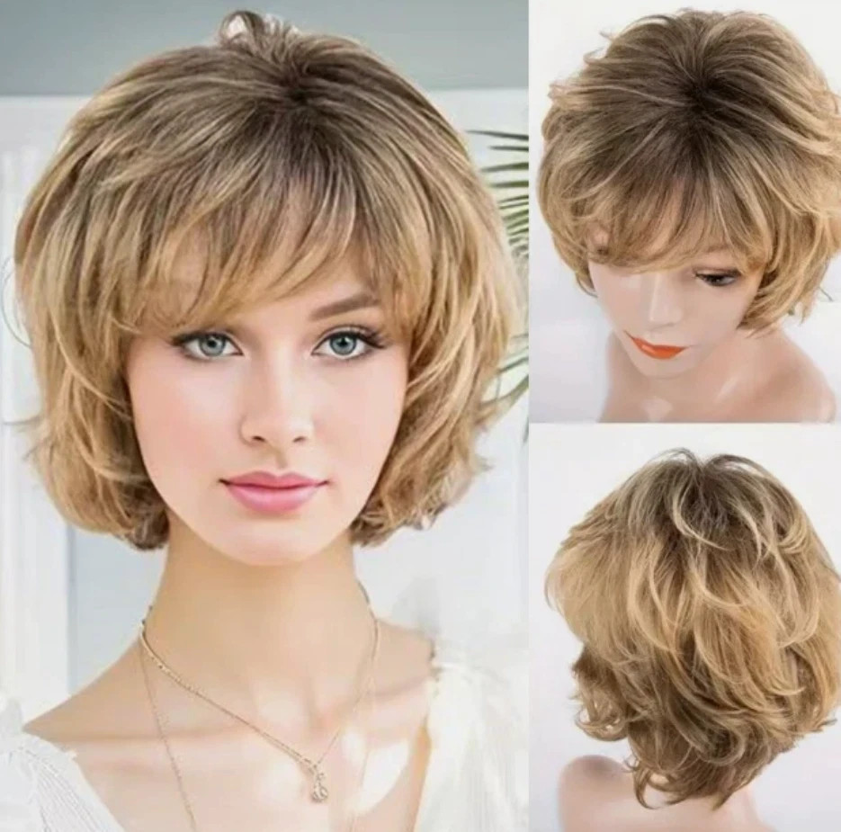 Wavy Short Fluffy Rooted Blonde Mix Synthetic Hair Wigs Women Soft Natural Daily