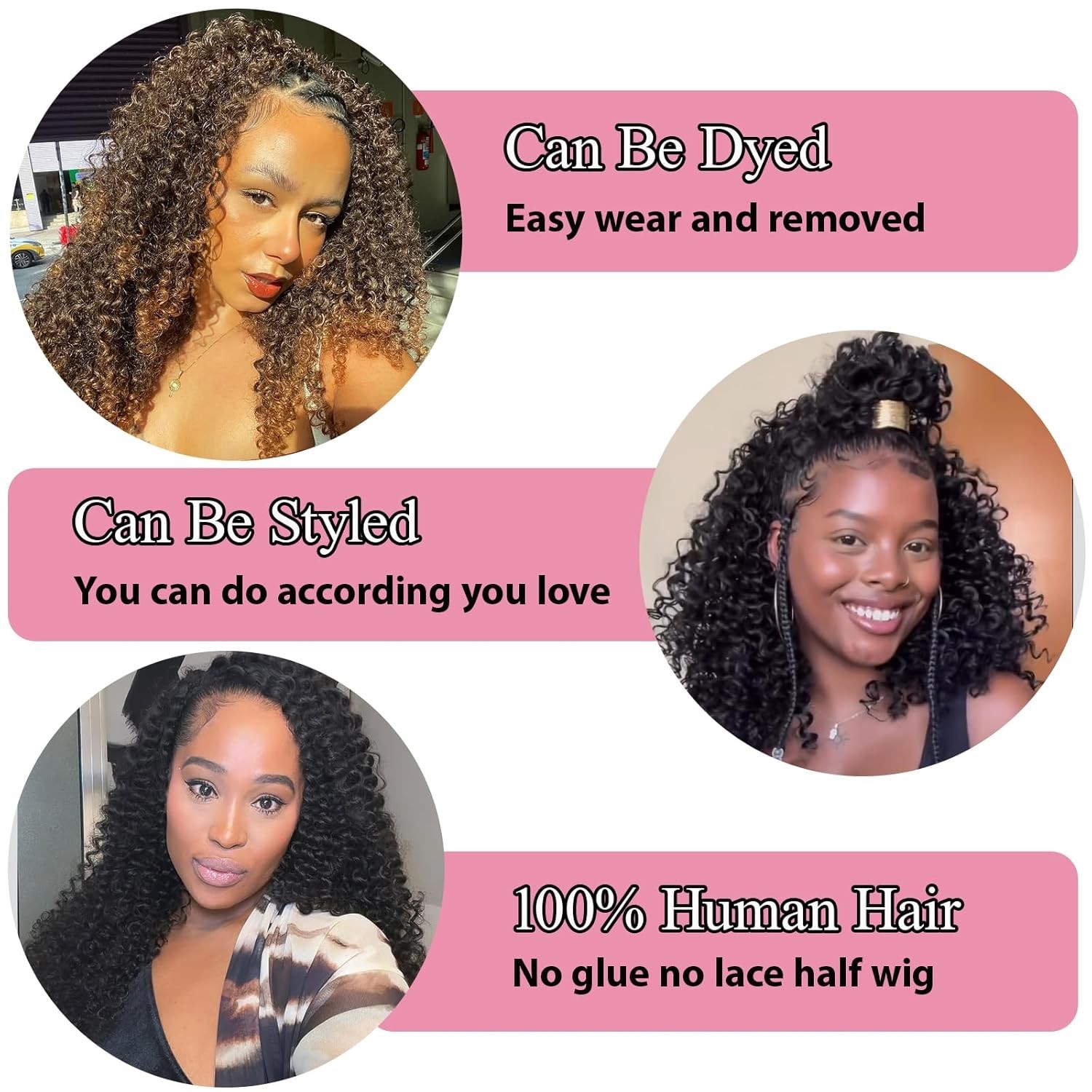 Kinky Curly Half Wig Human Hair Upgrade 3 In 1 Half Wig With Drawstring No Lace