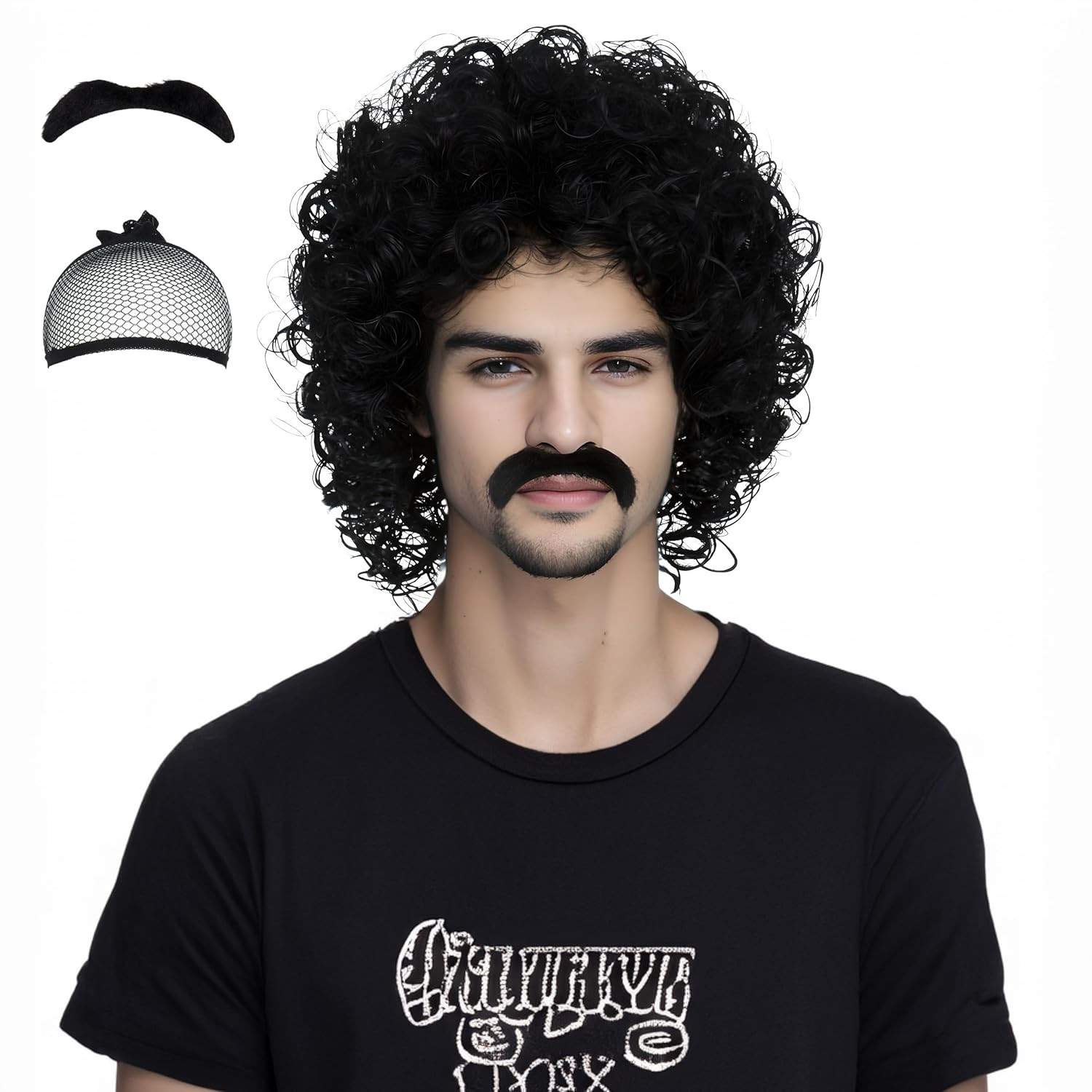 Miss U Hair Jerry Curl Wig Mens Short Black Curly Wig With Mustache 70s Rocker M
