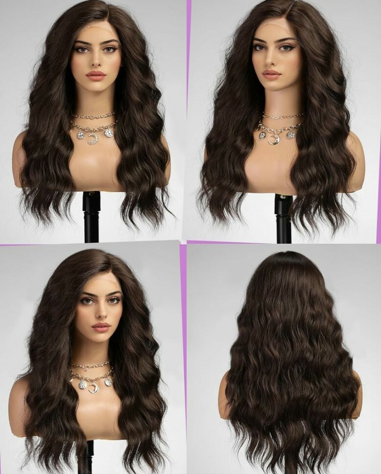 HD Lace Front Wig Natural Dark Medium Brown Ombre Wavy Heat Resistant 24 In